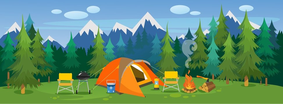 Wall Mural - Camping travelling picturesque landscape vector illustration. Template with beautiful view on meadow of tourists camp with tent, campfire, bbq and chairs on mountain and forest background