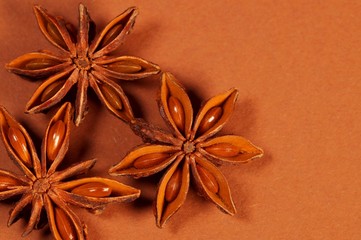 Christmas spice - Star anise on brown background, dry brown Anise star seeds, aromatic Asian spices ingredient in cooking, star anise background