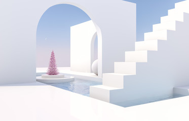 Fototapete - Scene with geometrical forms, arch with a podium in natural day light. minimal landscape with Christmas tree background. 3D render background.