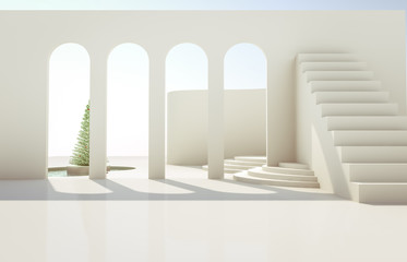 Poster - Scene with geometrical forms, arch with a podium in natural day light. minimal landscape with Christmas tree background. 3D render background.