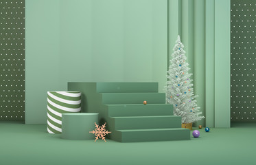 Leinwandbilder - Abstract 3d composition. Winter Christmas background with Christmas tree and stage for product display.