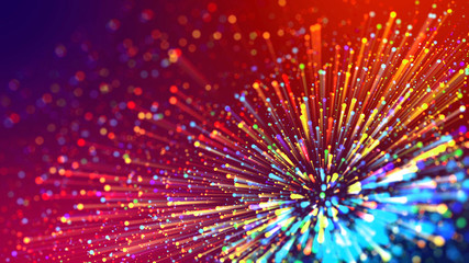 Wall Mural - abstract explosion of multicolored shiny particles or light rays like laser show. 3d render abstract