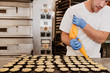 © Alberto Menendez/ADDICTIVE STOCK - Anonymous confectioner in latex gloves squeezing tasty sweet jelly from bag into small pastry cases on blurred background of bakery kitchen