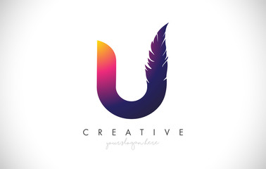 U Feather Letter Logo Icon Design With Feather Feathers Creative Look Vector Illustration
