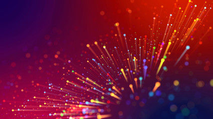 Wall Mural - abstract explosion of multicolored shiny particles or light rays like laser show. 3d render abstract
