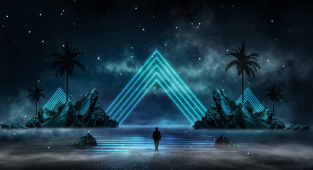 Wall Mural - futuristic night landscape with abstract landscape and island, moonlight, shine. dark natural scene 