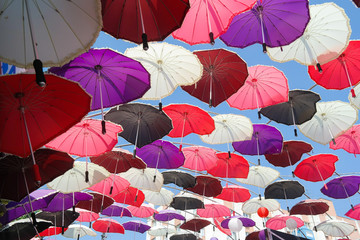  Colorful umbrellas above the street of Istanbul. Background colorful umbreallas. 