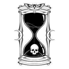 Human skull in hourglass isolated. Sticker, print or blackwork tattoo hand drawn vector illustration.