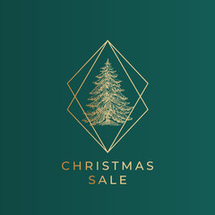 Wall Mural - Christmas sale greetings vector banner template. Gold ink fir pine tree in square frame on dark green background. Elegant Xmas wishes postcard design. Stylish Merry Christmas social media post layout