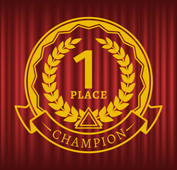 Wall Mural - first place champion vector, gold sketch isolated on red curtain background. laurel branch, and ribb