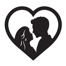 Laser Cut Template Of Male And Female Silhouette Opposite Each Other. Couple In Love. Bride And Groom In Heart Frame For Wedding Invitation Card Or Table Topper. Faces In Profile At Valentine's Day.
