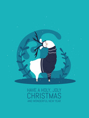 Llama with snow and many details. Funny alpaca  deer.Have a holy joly christmas and wonderful happy new year. Typography poster,card,label,banner design set with background.