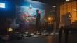 © Gorodenkoff - Talented Female Artist Works on Abstract Oil Painting, Using Paint Brush She Creates Modern Masterpiece. Dark and Messy Creative Studio where Large Canvas Stands on Easel Illuminated.