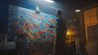 © Gorodenkoff - Female Artist Working on Abstract Oil Painting, with Broad Strokes of Paint Brush She Creates Modern Masterpiece. Dark Creative Studio Large Canvas Stands on Easel Illuminated, Tools Everywhere