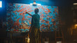 © Gorodenkoff - Talented Female Artist Works on Abstract Oil Painting, Using Paint Brush She Creates Modern Masterpiece. Dark and Messy Creative Studio where Large Canvas Stands on Easel Illuminated.