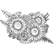 Bouquet With Sunflowers In Line Art Style.