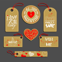 Valentines day label badge. Set of 7 printable hand drawn holiday cards templates. Vector seasonal labels design.