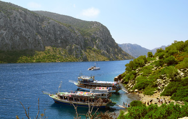 Tourists travel on two pleasure boats on islands in the Aegean. They admire the beautiful nature and animals that live on the island.