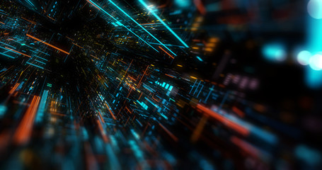 Wall Mural - flying futuristic central processing unit. electronic circuitry within a computer that carries out t