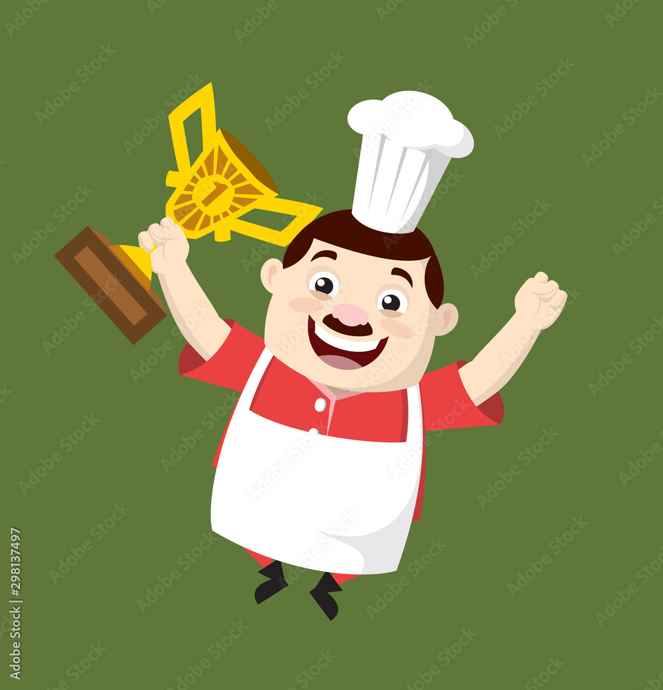 Cartoon Fat Funny Cook - Jumping with Trophy Stock Vector | Adobe Stock