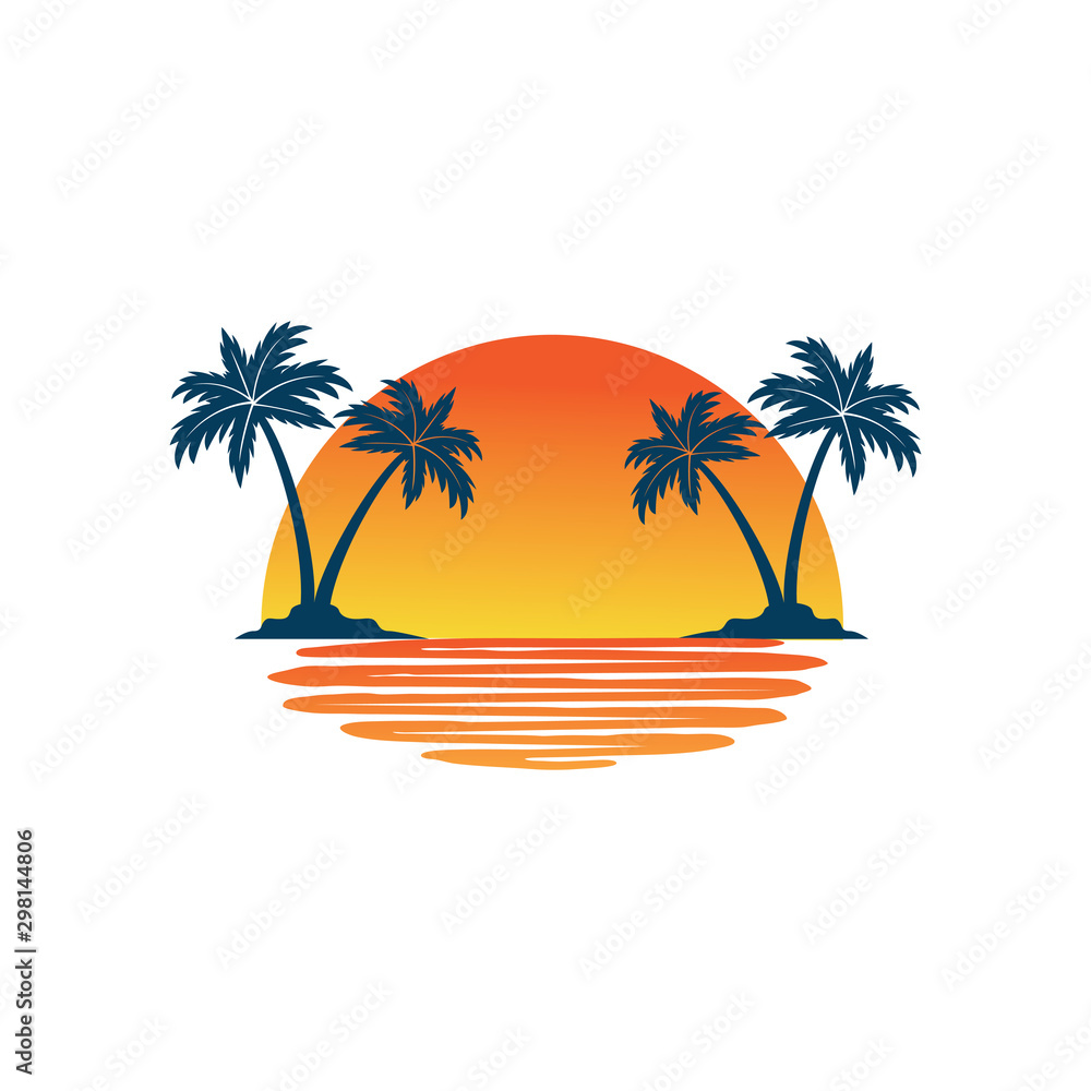 orange yellow sunset between two coconut tree island with shadow on the sea vector logo design - obrazy, fototapety, plakaty 