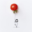 © Yaroslav Danylchenko/Stocksy - Girl's graphic sketch with balloon in the shape of red tomato on a white background with copy space.