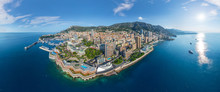 Panoramic aerial view of Monaco cityscape.