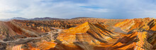 Panoramic Aerial View Of Colourful Mountains At Zhangye Danxia Geopark, China