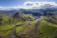 Aerial view of river crossing beautiful Iceland landscape.