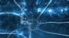 Abstract Blue Coloured Neuron Cell In The Brain On Artistic Blurry Cyber Space Background. Selective Focus Used.