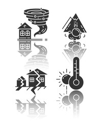 Wall Mural - Natural disaster drop shadow black glyph icons set. Weather forecast, avalanche, tornado, earthquake. Insurance case. Extreme events. Destructive force of nature. Isolated vector illustrations