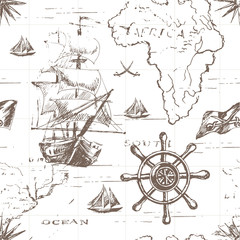 Wall Mural - Vector abstract seamless background on the theme of travel, adventure and discovery. Old hand drawn map with vintage sailing yachts, wind rose, routs, nautical symbols and handwritten inscriptions