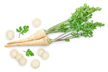 Wall Mural - Parsley root with slices and leaves isolated on white background. Top view. Flat lay