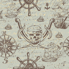  Vintage nautical map with sailboats, ship steering wheel, jolly roger and continents. Seamless pattern. Hand drawing. Grunge texture.