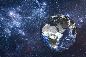 Wall Mural - empty planet earth of solar system in the space with far galaxy on the background. africa and europe