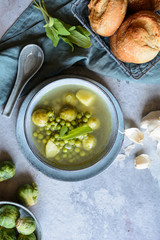 Canvas Print - Light meal, Brussels sprouts and pea soup with potatoes