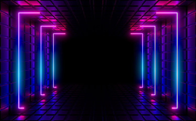 Wall Mural - Multicolored neon lamps in a dark tunnel. Reflections on the walls.