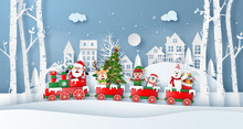 Origami Paper Art Style, Christmas Train With Santa Claus And Friend In The Village, Merry Christmas And Happy New Year