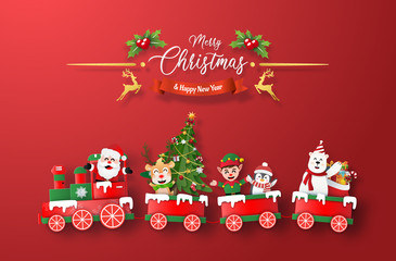 Wall Mural - Origami paper art of Christmas train with Santa Claus and character on red background, Merry Christmas and Happy New Year