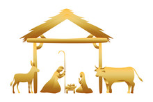 Golden Holy Family In Stable With Animals Manger