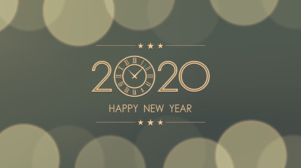 Wall Mural - Golden happy new year 2020 and clock with bokeh and lens flare pattern in vintage color style background