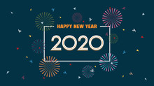 Happy New Year 2020 With Fireworks In Flat Icon Design On Dark Blue Color Background