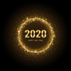 Wall Mural - Golden happy new year 2020 in circle ring fireworks with burst glitter on black color background