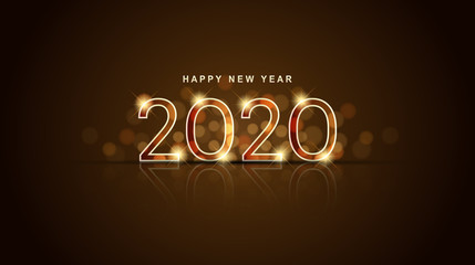 Wall Mural - Glowing happy new year 2020 with abstract bokeh lens flare pattern in orange color bakcground