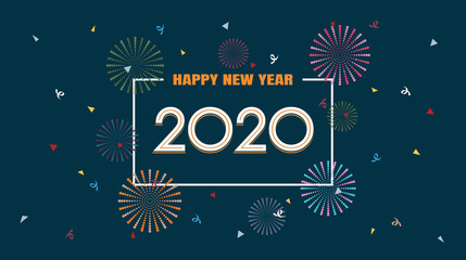 Wall Mural - Happy new year 2020 with fireworks in flat icon design on dark blue color background