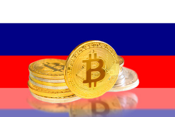 Bitcoin coins on Russia 's Flag, Cryptocurrency, Digital money concept