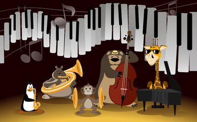 Cartoon Jazz Orchestra Cartoon characters playing musical instruments. Illustration, vector.