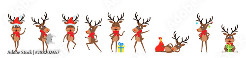 Fotografía Set Funny Deers, Christmas Reindeers, Cheerful Cartoons in Santa Hats with Gifts