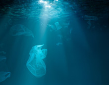 Sea Or Ocean Underwater With Plastic Garbage