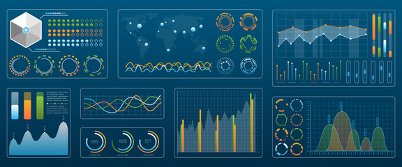 Sticker - Futuristic Technology Interface for Presentation. Set Colored Charts and Diagrams